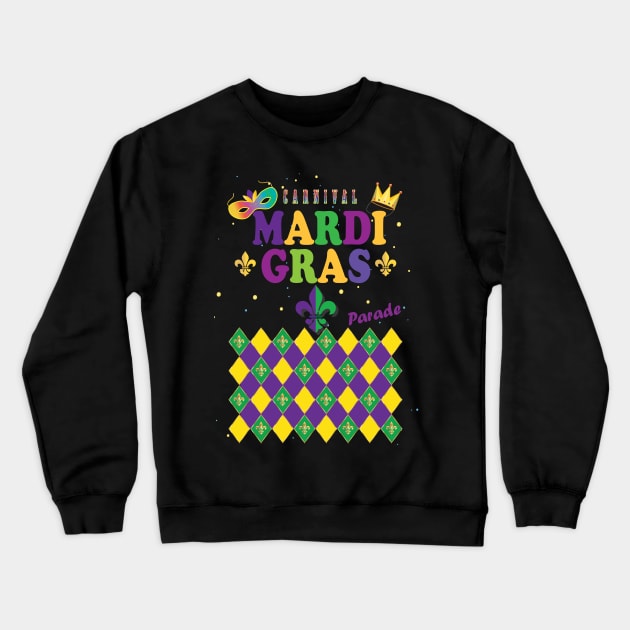 Mardi Gras Carnival Festive Geometrical Fleur de Lis Rhombus Arrangement Pattern, Green, Yellow, Purple color, Festival Party Decoration. Modern Art Crewneck Sweatshirt by sofiartmedia